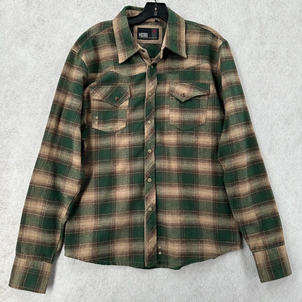 Micros Pearl Snap Flannel Shirt Mens MED‎ Plaid Green Brown Southwestern Button
